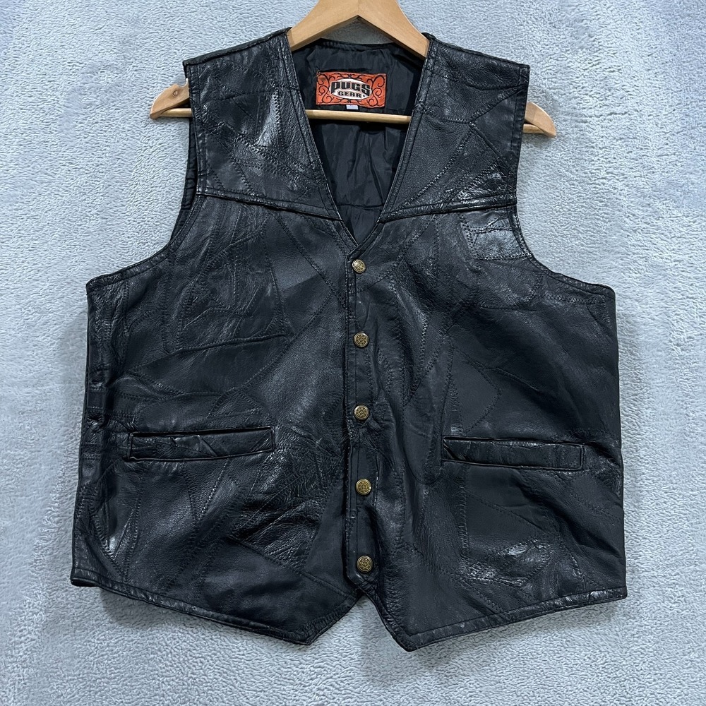 Pugs Gear Motorcycle Vest Black Snaps Pockets Pigskin Leather Large Western